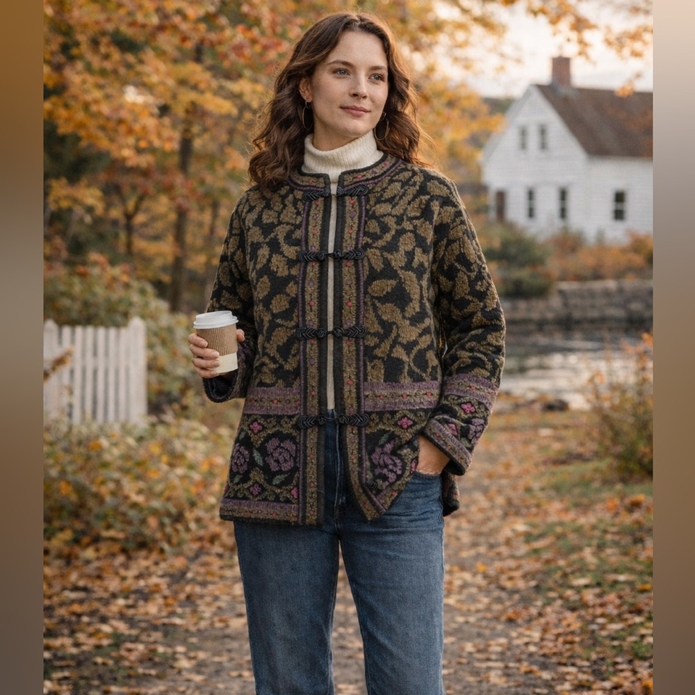 Skyr Womens Cardigan Sz S Black Floral Wool Blend Chenille Embroidered Sweater